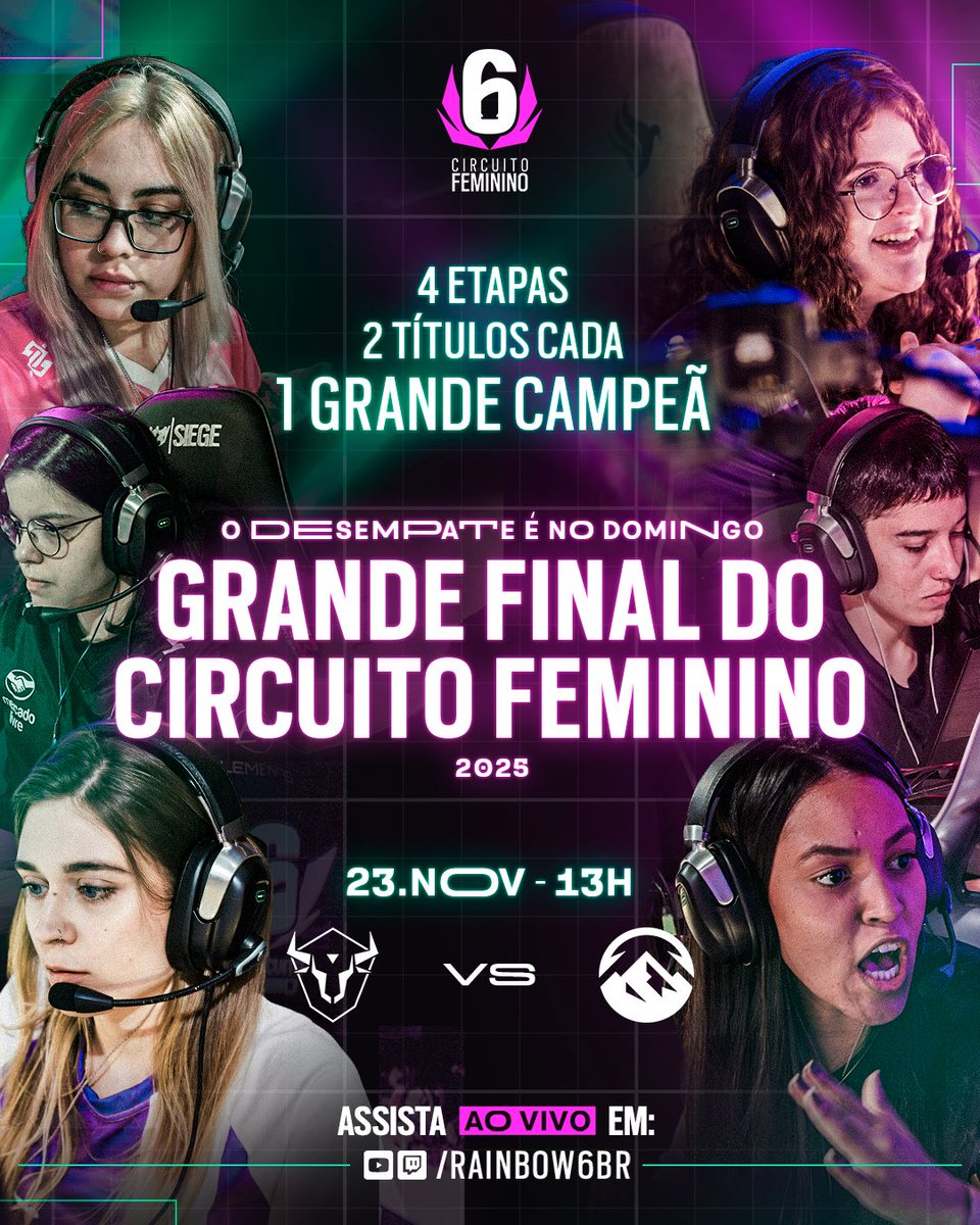R6esportsBR's tweet photo. Duas GRANDES FINAIS formam um evento IMPERDÍVEL no DOMINGO DE TÍTULOS 🏆

Dois jogos imperdíveis vão coroar os CAMPEÕES depois de um ano inteiro de batalhas, etapas e muita rivalidade.

Amanhã, a partir das 13h, celebre e conheça os vencedores do CIRCUITO FEMININO e da COPA SUL-AMERICANA 2025 🔥