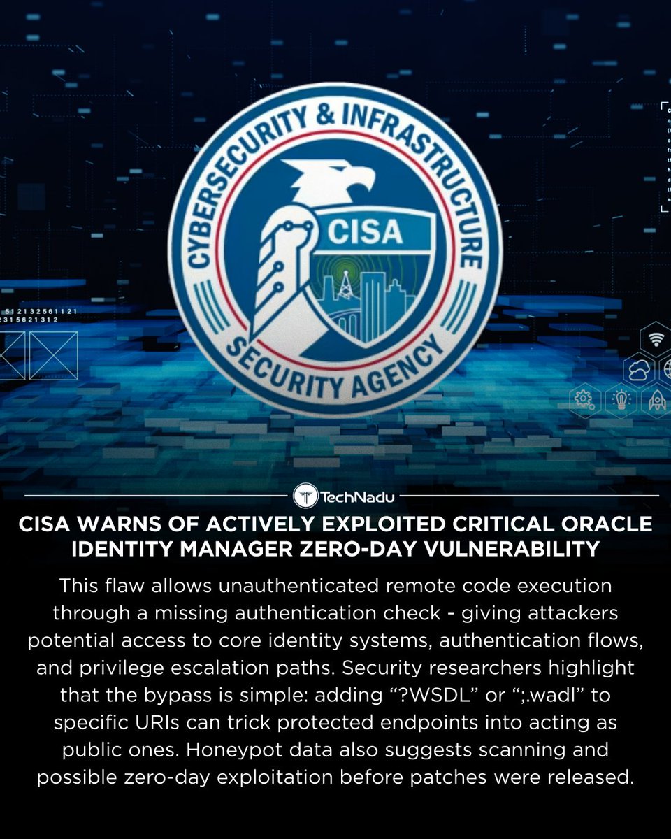 TechNadu's tweet image. 🌍 @CISACyber  added CVE-2025-61757 - a critical Oracle Identity Manager flaw - to its KEV list after signs of active exploitation.

Attackers can bypass auth by appending ?WSDL or ;.wadl, hitting protected endpoints + achieving pre-auth RCE.

Researchers say it may have been…