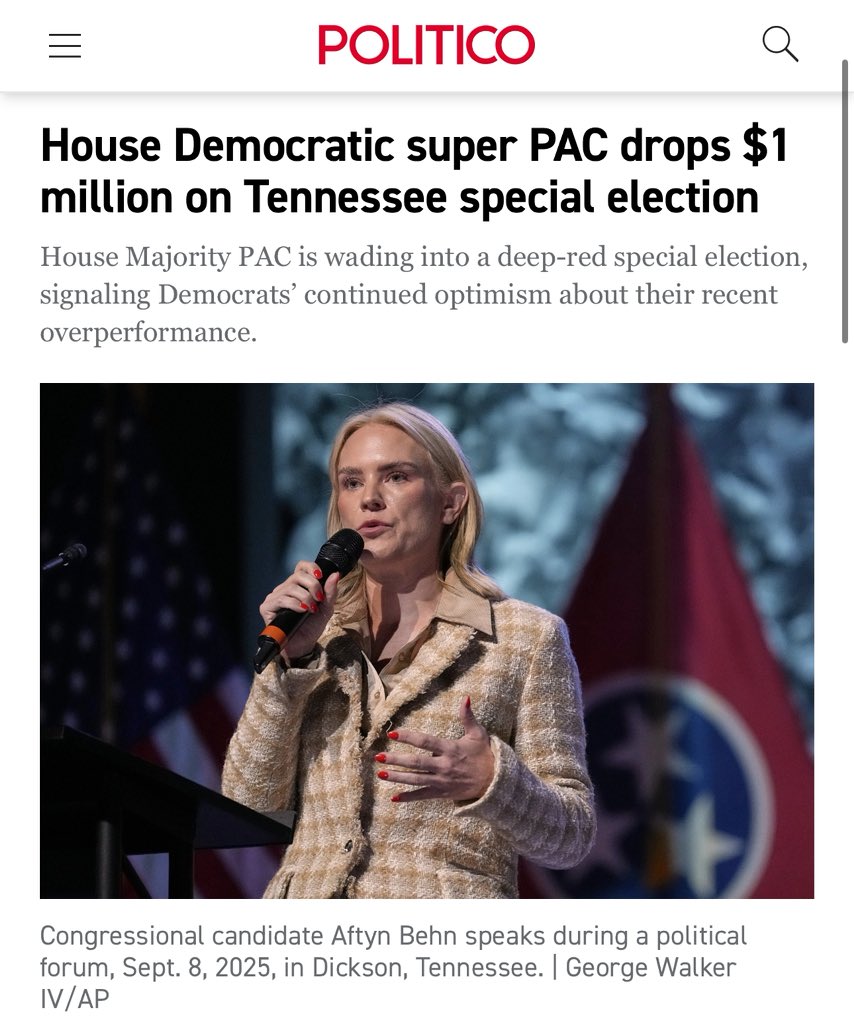 TheTNHoller's tweet image. 👀 POLITICO: “House Democrats are jumping into an upcoming special election in Tennessee, dumping $1 million on an increasingly nationalized battle for a deep-red congressional seat asTrump gets involved in the race...” politico.com/news/2025/11/2…