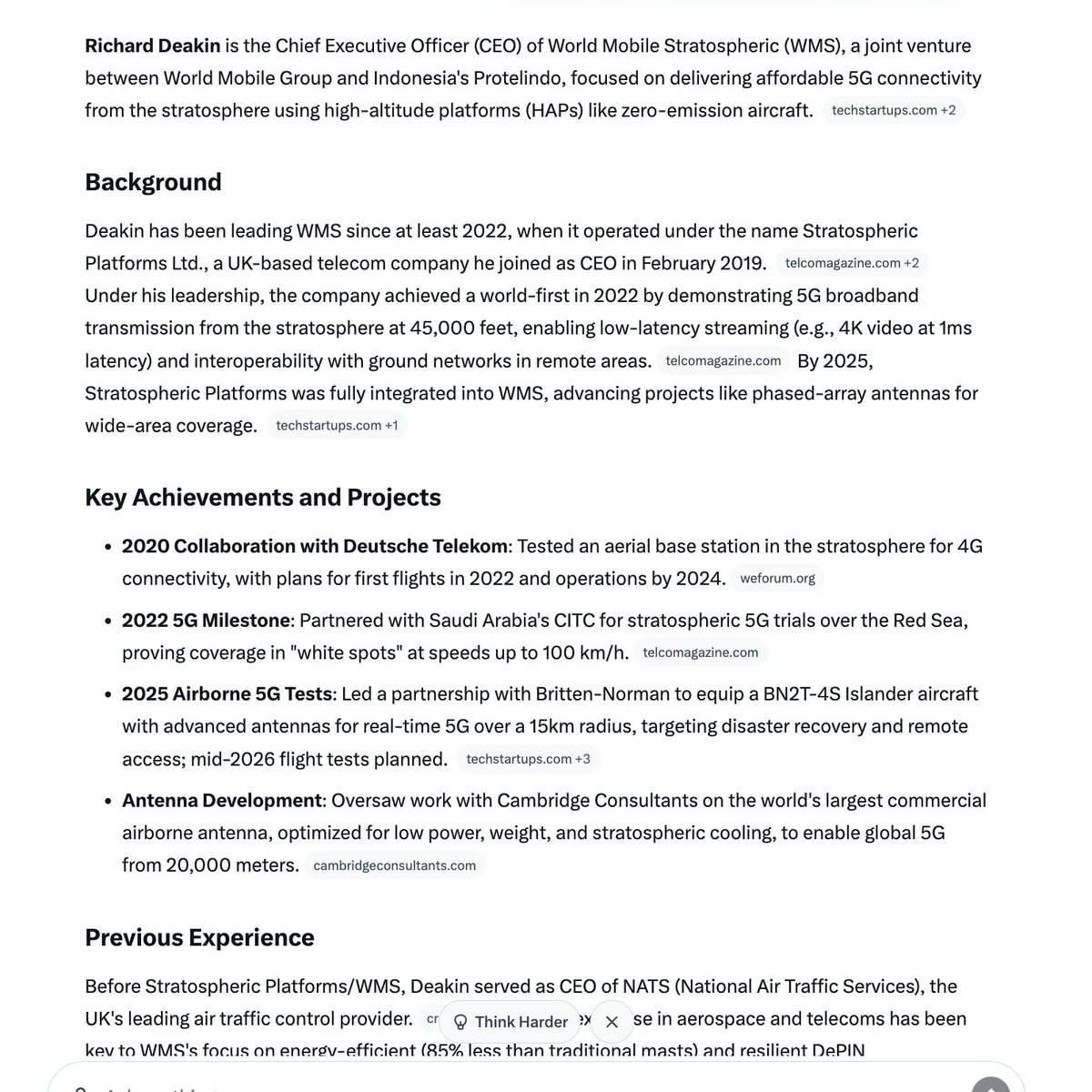 World Mobile announced that the new CEO of World Mobile Stratospheric is <a href="/RichardDeakin/">Richard Deakin FNucl, MIET Director Low Cost Nuc</a>.  He seems like a really amazing guy with vast knowledge of high altitute platforms. Let's welcome Richard to the World Mobile community! 🤓  <a href="/WorldMobileTeam/">World Mobile</a> <a href="/WorldMobilers/">World Mobile Alliance</a> 
Grok summary: