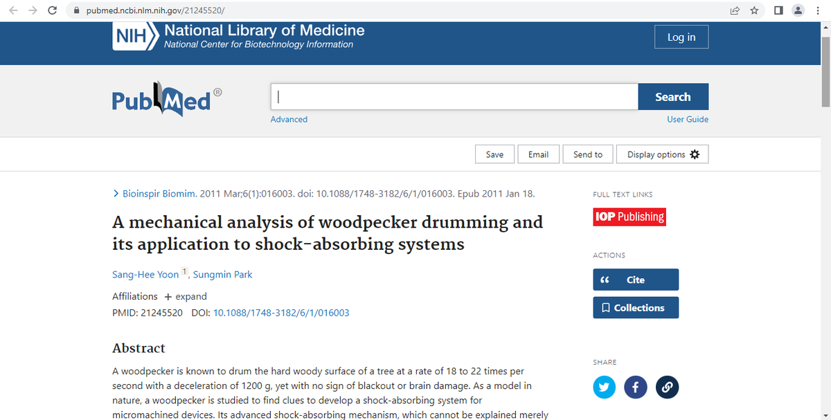 dan_cameron99's tweet image. Using woodpecker-inspired technology the failure rate of micro-devices was reduced from 26.4% to 0.7% for conventional shock-absorption methods. A great design improvement. #IntelligentDesign

Source: 
pubmed.ncbi.nlm.nih.gov/21245520/