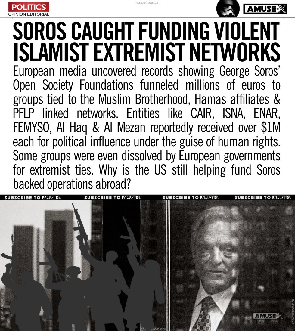 amuse's tweet image. ISLAMIFICATION: European media uncovered that Soros’ OSF sent millions to Islamist extremist fronts in the US, Europe &amp;amp; the Middle East including CAIR, ISNA, ENAR, FEMYSO &amp;amp; PFLP linked groups. Some were shut down for terrorism ties. Why is the US funding any of this?

Records…