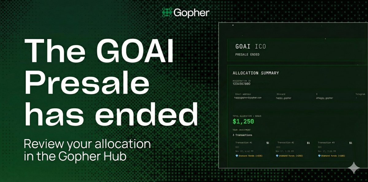 gopher_ai's tweet image. The $GOAI Presale has ended 💫

A BIG thank you to everyone who joined and participated.

Next week we unleash AI agent trading, as our next step toward TGE. The wave is coming 🌊

Review your allocation in the hub: 
➡️hub.gopher-ai.com/ico-presale