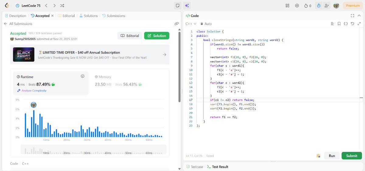 SunnyKumar51305's tweet image. 🔥 Problem of the Day:  Determine if Two String Are Closed 
Approach:  
Language: C++
Difficulty: Medium 
✅ Passed all testcases
#DSA #LeetCode75