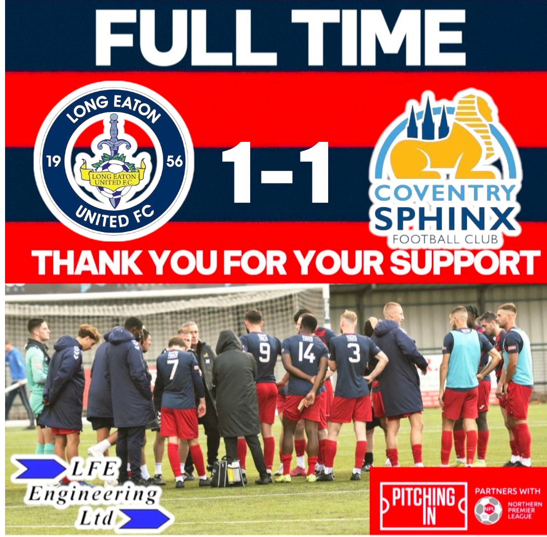 CoventrySphinx's tweet image. FULL TIME ⚽🥅
🟦 Long Eaton United 1
🟥 Coventry Sphinx 1
The points are shared between Coventry Sphinx and Long Eaton United after an entertaining game. Both sides showed determination and spirit throughout, creating a thrilling contest. 
#CoventrySphinx #nonleague