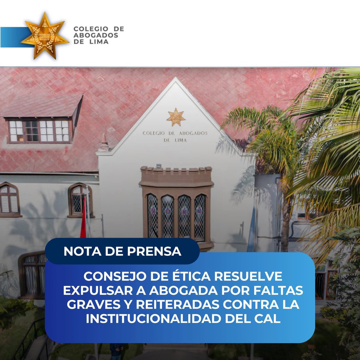 CALPERUOFICIAL's tweet image. 🔵 #NotaDePrensa | POR UNANIMIDAD: Consejo de Ética resuelve expulsar a abogada por faltas graves y reiteradas contra la institucionalidad del CAL

La Junta de Vigilancia del Ilustre Colegio de Abogados de Lima informa a la comunidad jurídica y a la ciudadanía lo siguiente:

En…