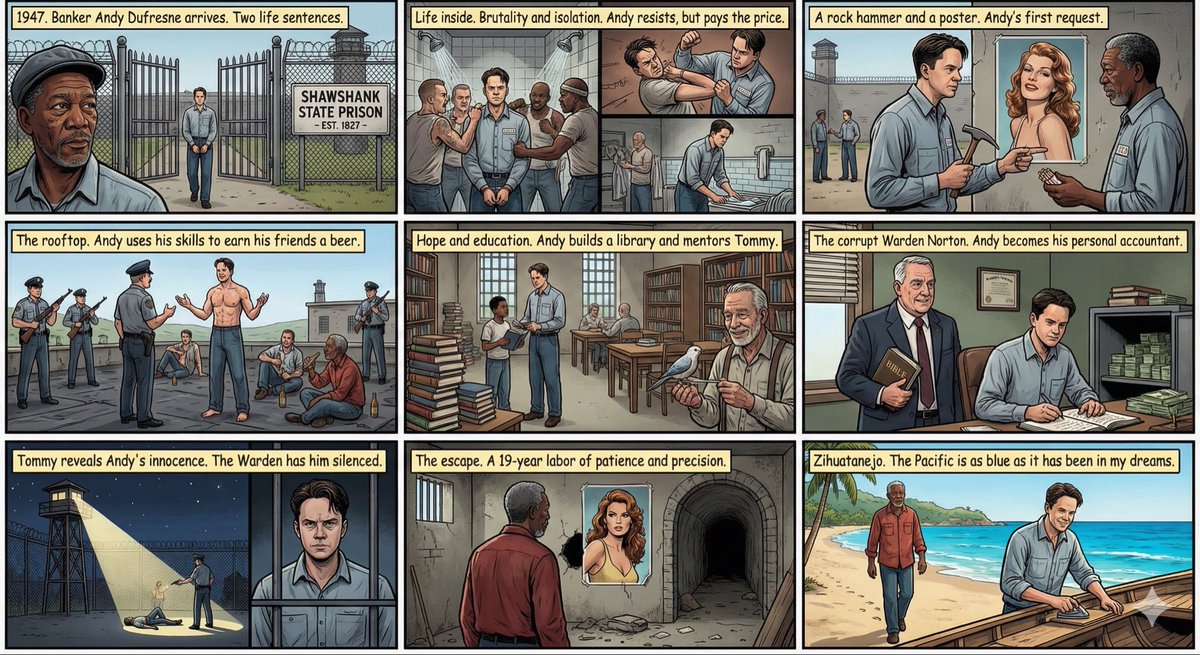 Weekend fun - Generate comic panels about a movie with nano banana pro.

Generate a 9 panel comic about the movie Shawshank Redemption