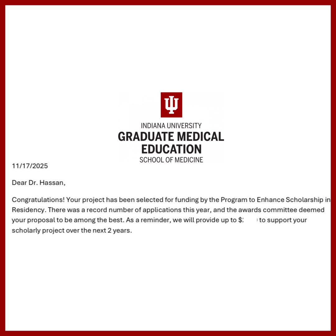 With research disinvestment becoming the norm, I’m so grateful to train at a place that still actively invests in physician-scientists. Thank you <a href="/IUSMGME/">IU School of Medicine GME</a> for the support and funding our research! 🙏🏽🙏🏽🙏🏽 

#MedTwitter <a href="/IUMedSchool/">IU School of Medicine</a>