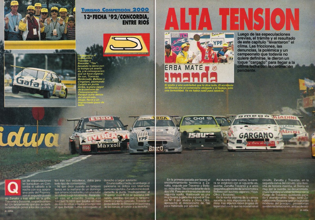 PatoG82's tweet image. 22 de Noviembre de 1992. El TC 2000 corría en el autódromo de Concordia 🏁

ALTA TENSIÓN 🔥
&quot;Las fricciones, las denuncias, la polémica le dieron un toque cargado para llegar a la última fecha conl la coronación pendiente&quot;
Ganaba &quot;El Flaco&quot; Traverso con Renault Fuego 🏆

Corsa