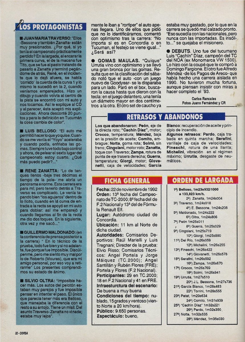 PatoG82's tweet image. 22 de Noviembre de 1992. El TC 2000 corría en el autódromo de Concordia 🏁

ALTA TENSIÓN 🔥
&quot;Las fricciones, las denuncias, la polémica le dieron un toque cargado para llegar a la última fecha conl la coronación pendiente&quot;
Ganaba &quot;El Flaco&quot; Traverso con Renault Fuego 🏆

Corsa
