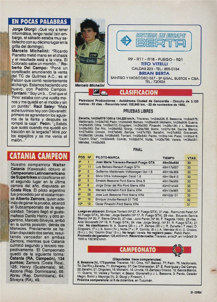 PatoG82's tweet image. 22 de Noviembre de 1992. El TC 2000 corría en el autódromo de Concordia 🏁

ALTA TENSIÓN 🔥
&quot;Las fricciones, las denuncias, la polémica le dieron un toque cargado para llegar a la última fecha conl la coronación pendiente&quot;
Ganaba &quot;El Flaco&quot; Traverso con Renault Fuego 🏆

Corsa