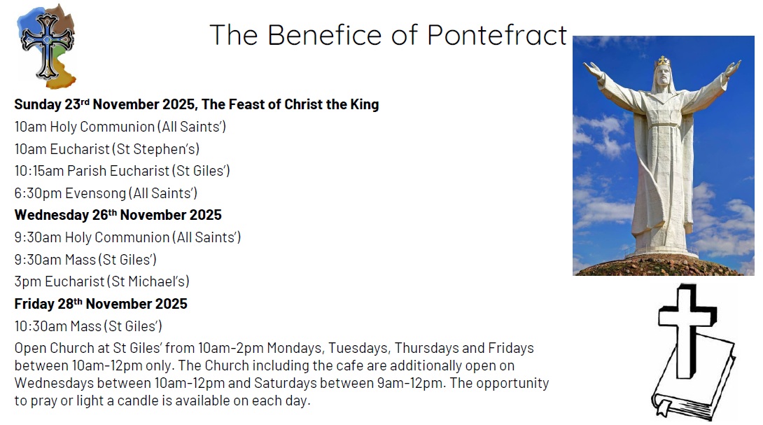 CofEPontefract's tweet image. Please don&apos;t forget to join us for one of our services this week. St Giles&apos; will be open for private prayer and lighting of candles during the week. The café will be open on Saturday and Wednesday morning. #Pontefract @PontefractCivic @LeedsCofE @churchofengland
