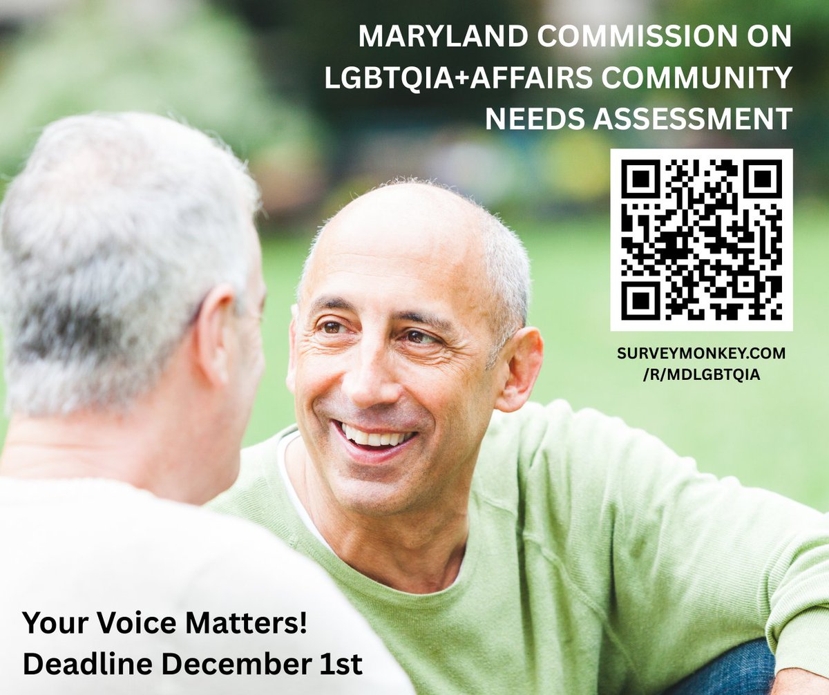 DEADLINE APPROACHING!  7% of MD's LGBTQIA+ adults are 65+. Help the MD Commission on LGBTQIA+ Affairs &amp; UMES by completing this statewide survey ASAP. Take the survey: surveymonkey.com/r/MDLGBTQIA 
For more resources for LGBTQIA+ older adults, visit 
aging.maryland.gov/Pages/LGBTQEld…