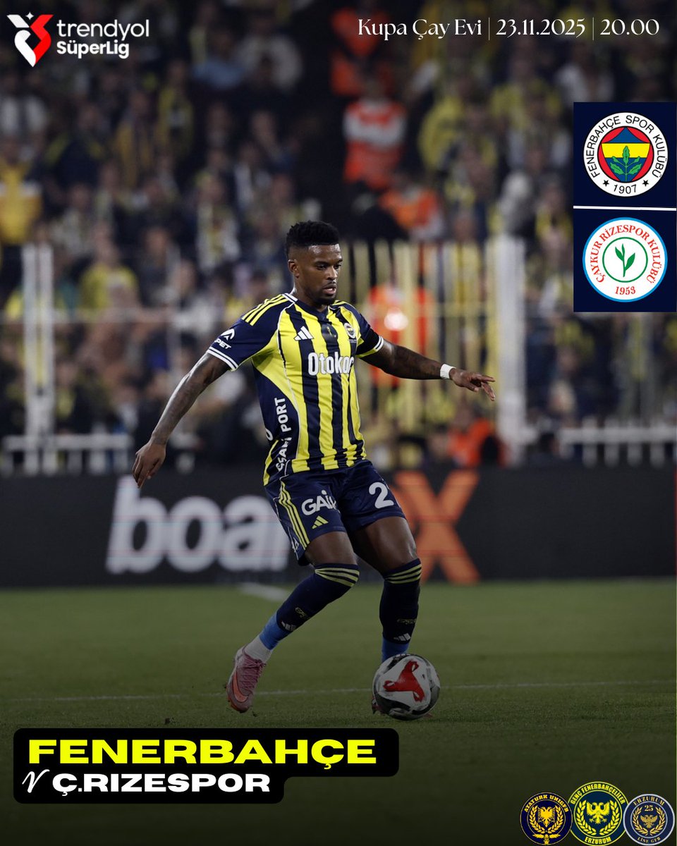 🏆 Trendyol Süper Lig 13.Hafta 
🆚 Ç.Rizespor
🗓️ 23 Kasım 2025
🕗 20.00
🏟️ Çaykur Didi Stadyumu
📍 Kupa Çay Evi
#ErzurumLiseGFB