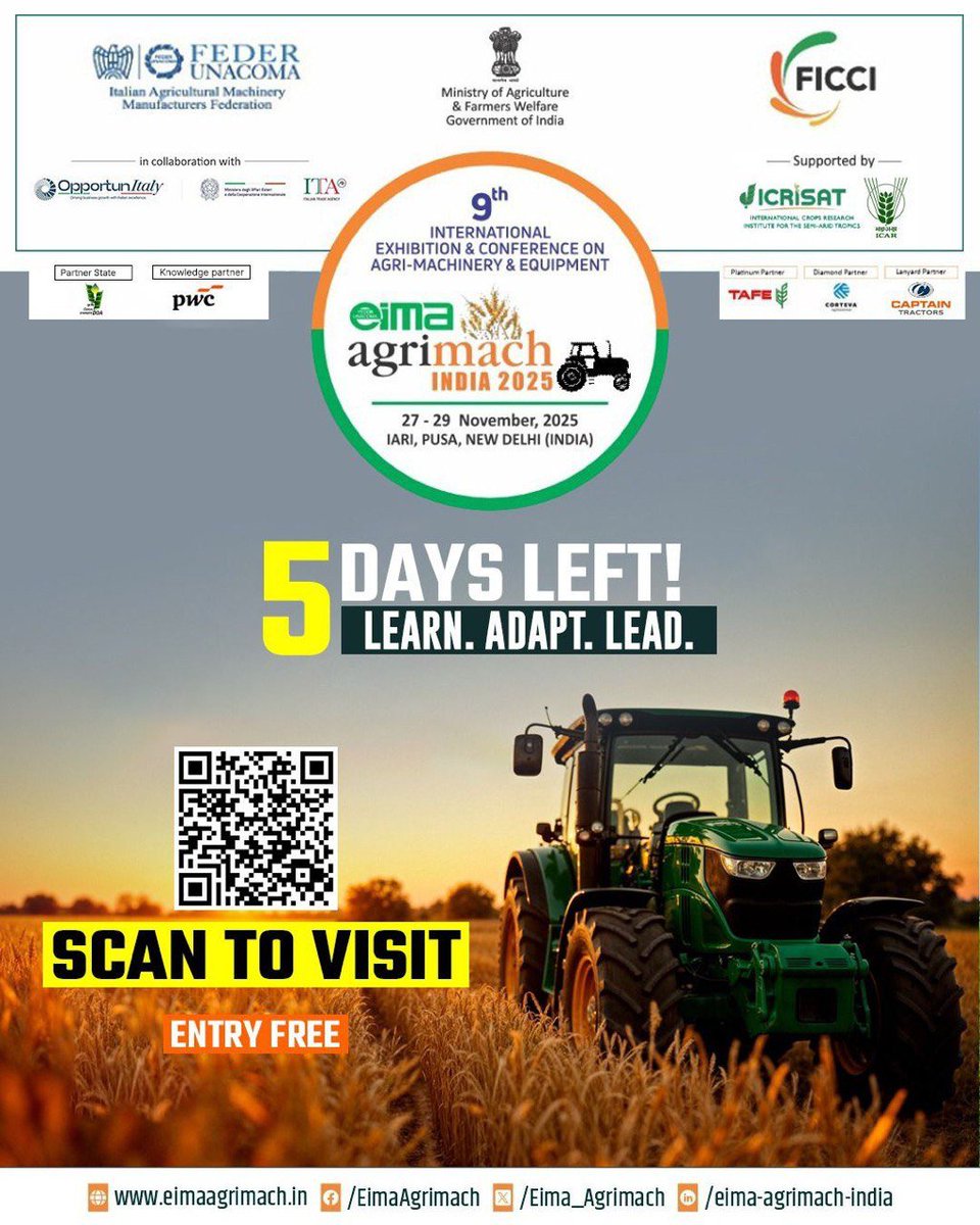 Eima_Agrimach's tweet image. One platform, countless opportunities. Visit Eima Agrimach 2025. 🚜

 🗓27-29 November 2025
 📍Mela Ground, IARI, Pusa, New Delhi, India

👉 Register now: lnkd.in/gdGsZUCE

#Farmtech #smartirrigation #Eima2025 #visiteima #agrileaders #techforfarmers