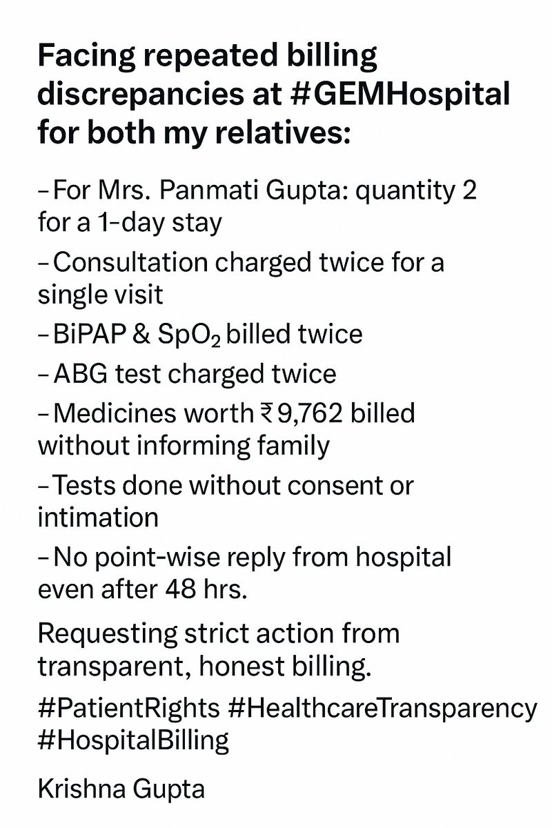 krishna_jaihind's tweet image. Raising serious billing issues at 
@HospitalGe51001
 
This is unacceptable. Requesting strict action from
@irdaindia 
@jagograhakjago
@MoHFW_INDIA

I have mailed the hospital MULTIPLE times still didn’t get any appropriate response
#HospitalBilling #ConsumerProtection