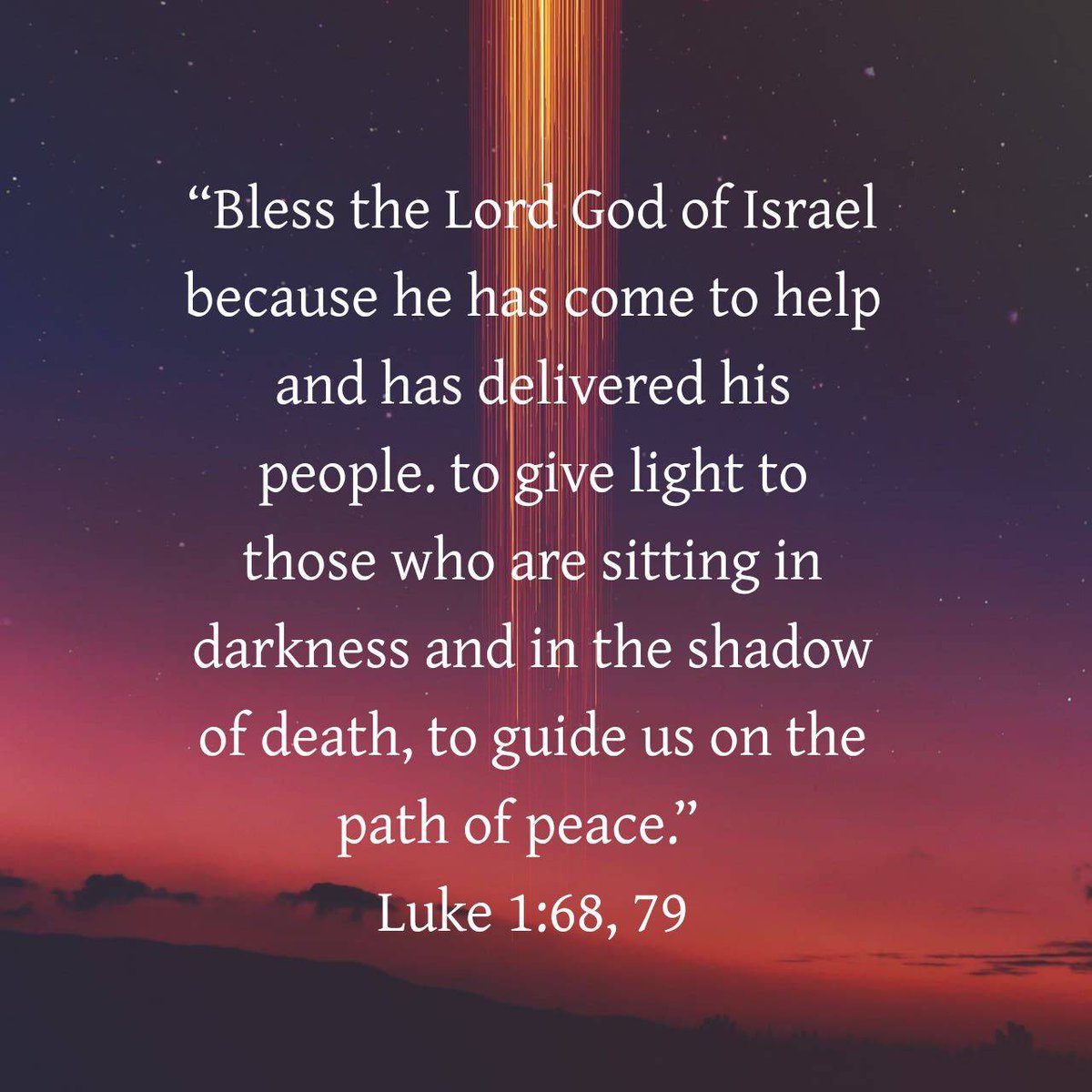 Lectionary's tweet image. Luke 1:68, 79 CEB
[68] “Bless the Lord God of Israel because he has come to help and has delivered his people.
[79] to give light to those who are sitting in darkness and in the shadow of death, to guide us on the path of peace.”

bible.com/bible/37/luk.1… #ReignOfChrist