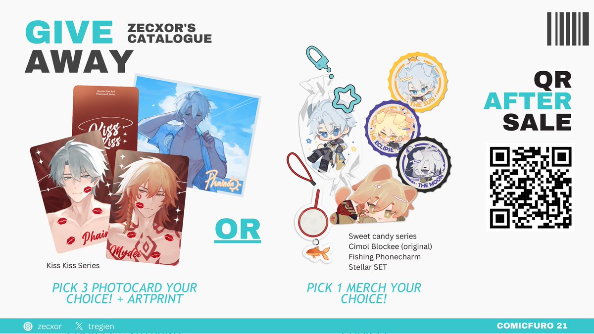 [🔁s &amp; ❤️s! Are very appreciated]

AFTERSALE &amp; GIVEAWAY #CF21

🔗 Links : 
forms.gle/p8VvK9Z7rkSQ5G…

🗓 22Nov-30Nov2025
📦 MailOrder
🎁 Rt this post and tag a friend!
💌 GO please DM first!

Fandom : HSR | Original

Thank you! #comifuro21 #cfatersale #cf21catalogue