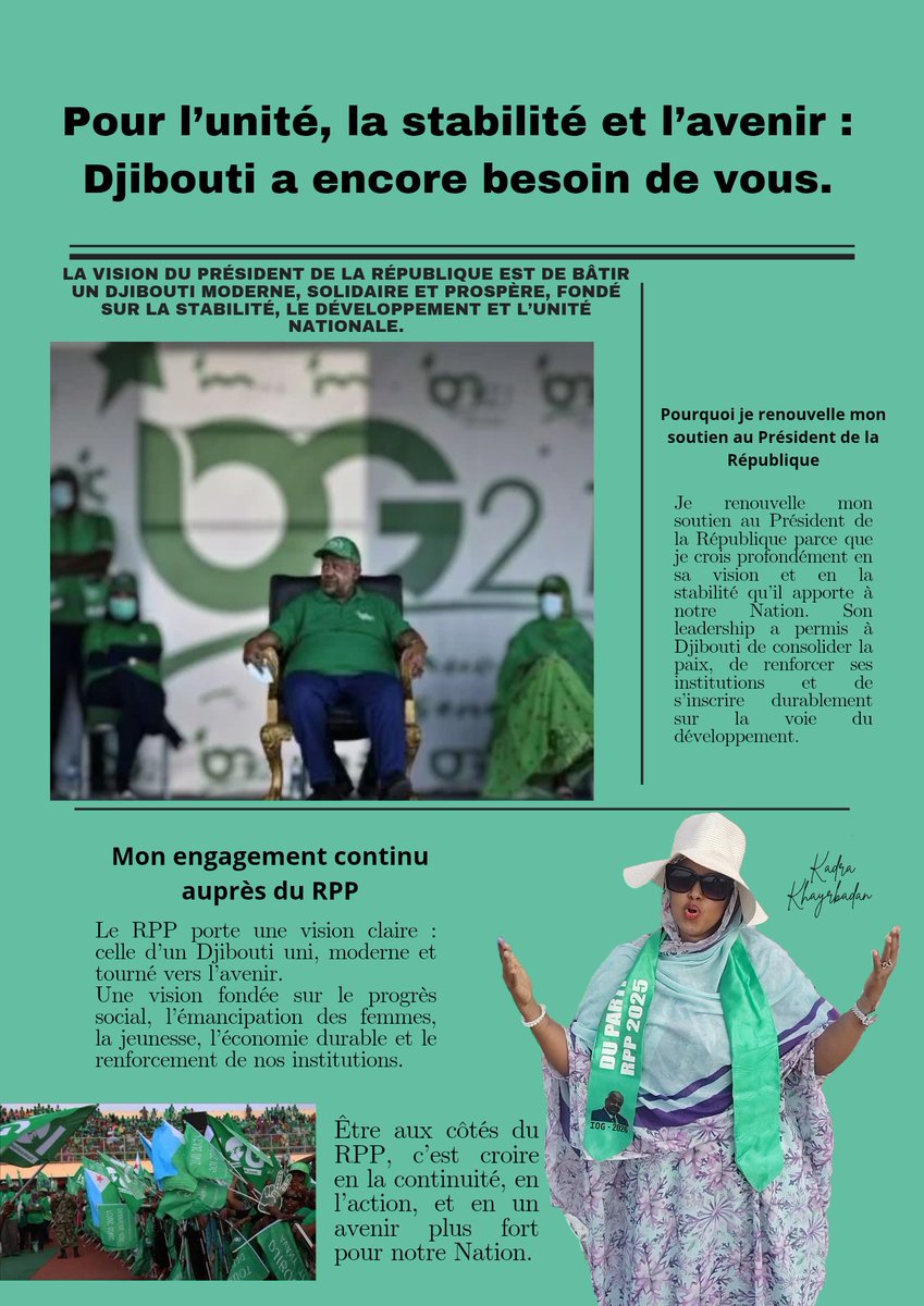 Kadrakhayrbadan's tweet image. Avec cœur et conviction, je partage cette article, où je réaffirme mon soutien au Président de la République et ma foi en un Djibouti uni, fort et tourné vers l’avenir. 🇩🇯
@IsmailOguelleh

#Djibouti #Engagement #Progrès #femmesactives