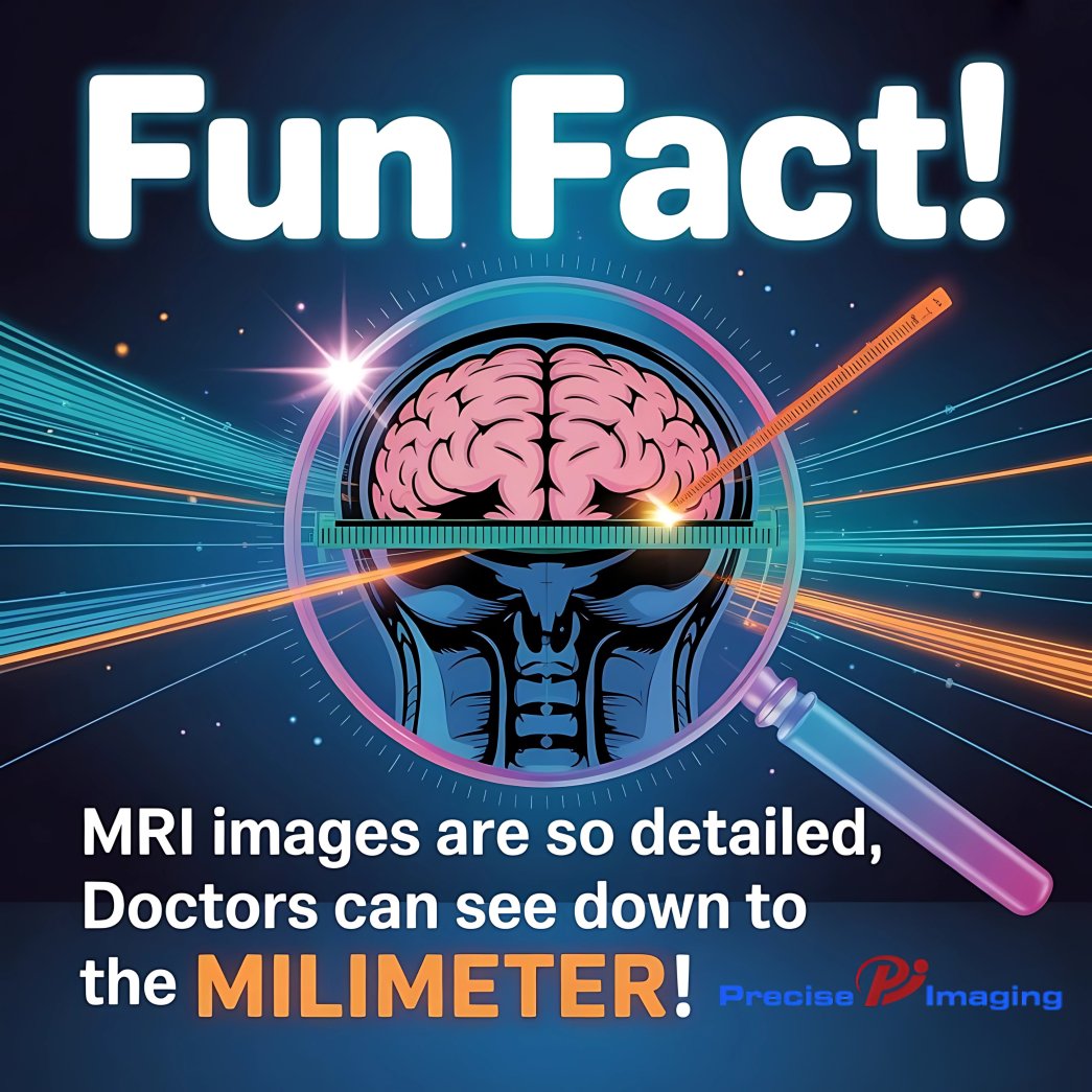 PreciseImaging's tweet image. ✨ Fun Fact Friday! Did you know? MRI images are so detailed that doctors can see down to the millimeter! That’s precision you can trust with your health. At Precise Imaging, we bring advanced imaging technology closer to you.

#PreciseImaging #FunFactFriday #MRI #MedicalImaging