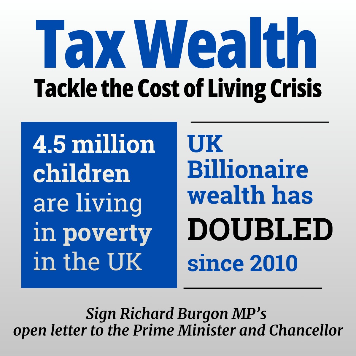 4.5 million children in poverty.

While Billionaire wealth has DOUBLED.

The Government must use the Budget to tax extreme wealth and tackle the cost of living crisis.

Thousands have signed my open letter to the PM. Add your name 👇
bit.ly/TaxWealthAutum…