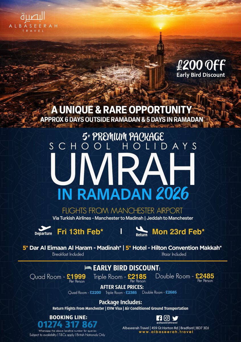 *Albaseerah Umrah in Ramadan 2026*

Less than 20 seats remaining. Take advantage of our early bird offer and secure your place with a simple £250 deposit. Payment plans also available.

*NOTE: This package will be accompanied by a GROUP GUIDE from the Shurah of Masjid As-Sunnah