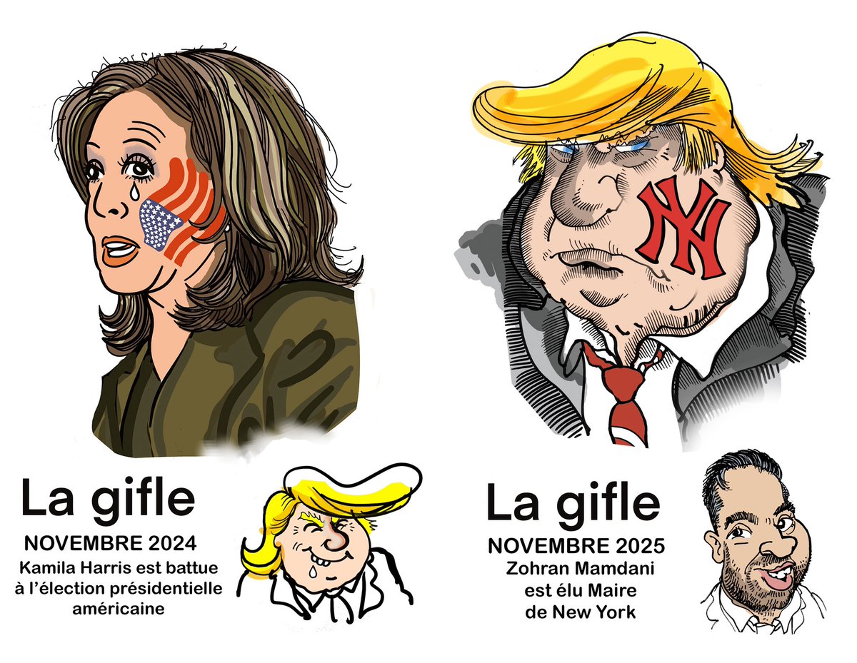 plantu's tweet image. NY: Le nouveau Maire de New York Zohran Mamdani reçu par Donald Trump qui l’a traité de « communiste ». Mamdani a traité Trump de « despote » et de « fasciste ».