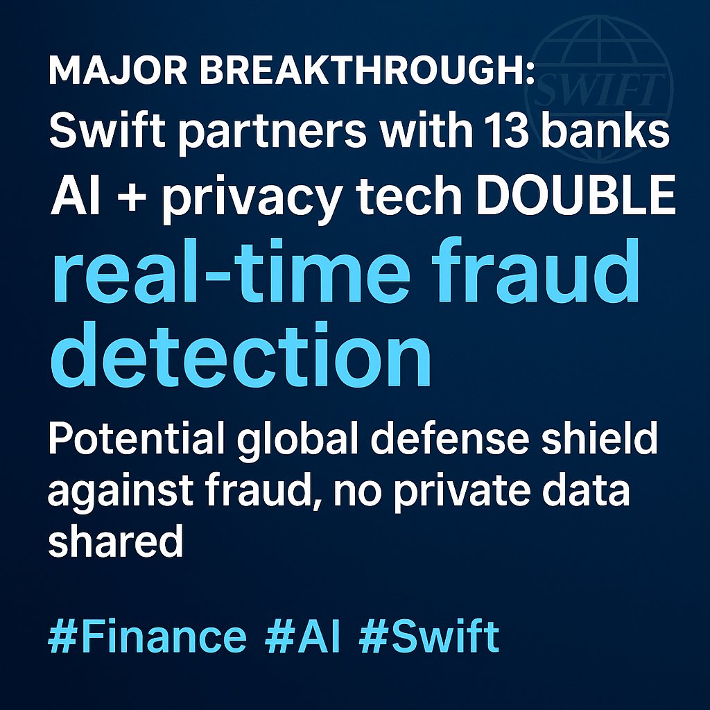 Camguarda's tweet image. Swift just revealed a major breakthrough in the global fight against fraud — and the numbers are stunning.

Working with 13 major international banks, Swift used AI + privacy-enhancing tech to double real-time fraud detection across 10 million test transactions.
A unified, global…