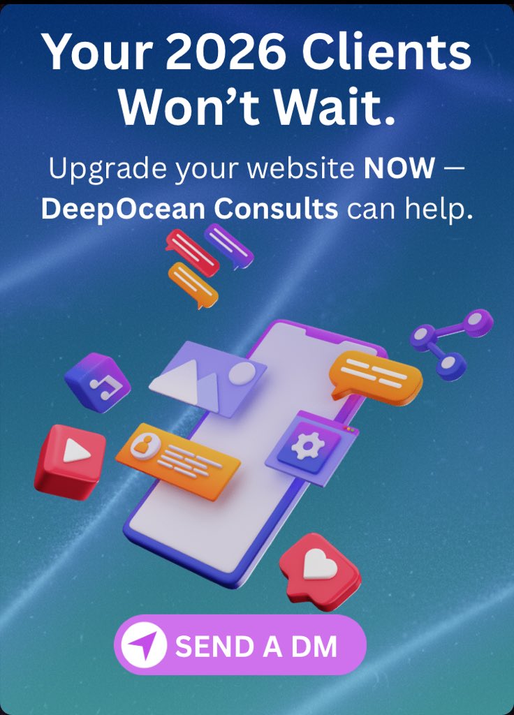 DeepOcean_C's tweet image. Your business deserves more than vibes online.
If your website is old, unclear or missing… you’re losing opportunities.

DeepOcean Consults helps founders build clean, functional websites and digital systems that actually work.

Need clarity? Need a refresh?
DM me NOW!