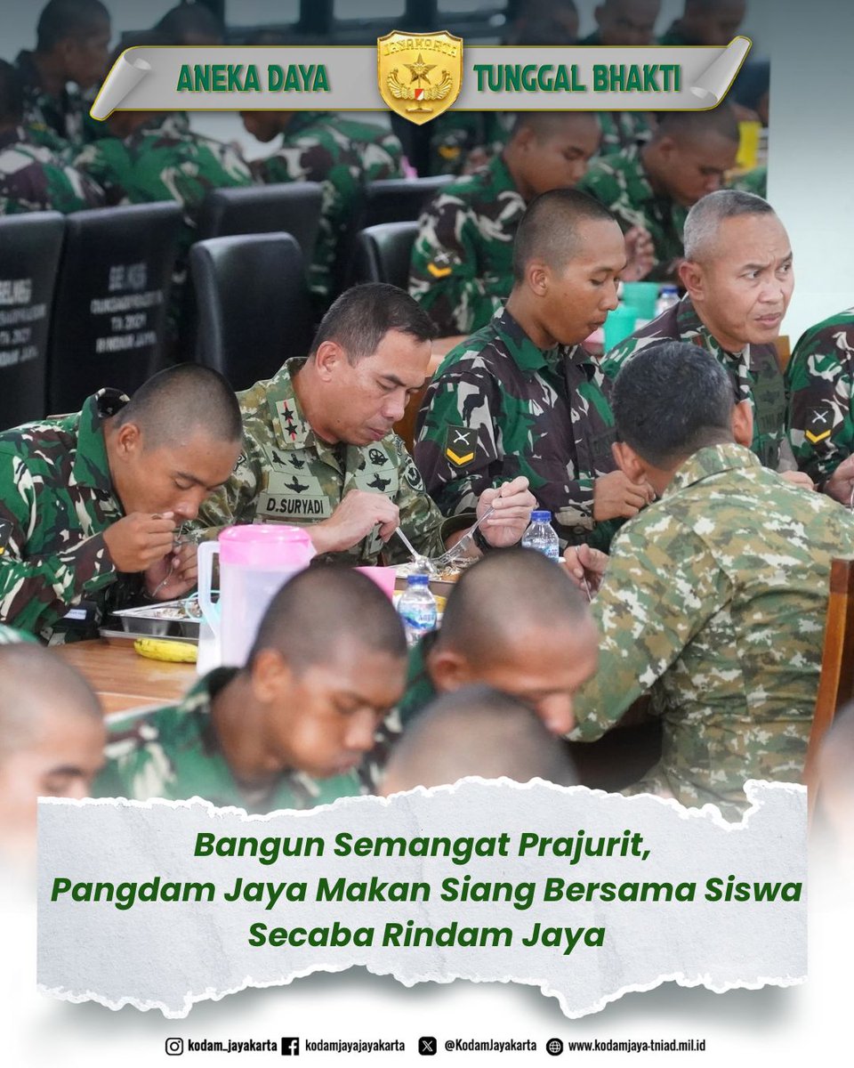 KodamJayakarta's tweet photo. Pangdam Jaya Mayjen TNI Deddy Suryadi, S.I.P., https://t.co/qyYiaadeLy. melaksanakan makan siang bersama para siswa Sekolah Calon Bintara (Secaba) di Rindam Jaya sebagai bentuk perhatian dan dukungan moril kepada prajurit muda Kodam Jaya.

#PangdamJaya #makanbersama #secaba https://t.co/SJORKrqZ4k
