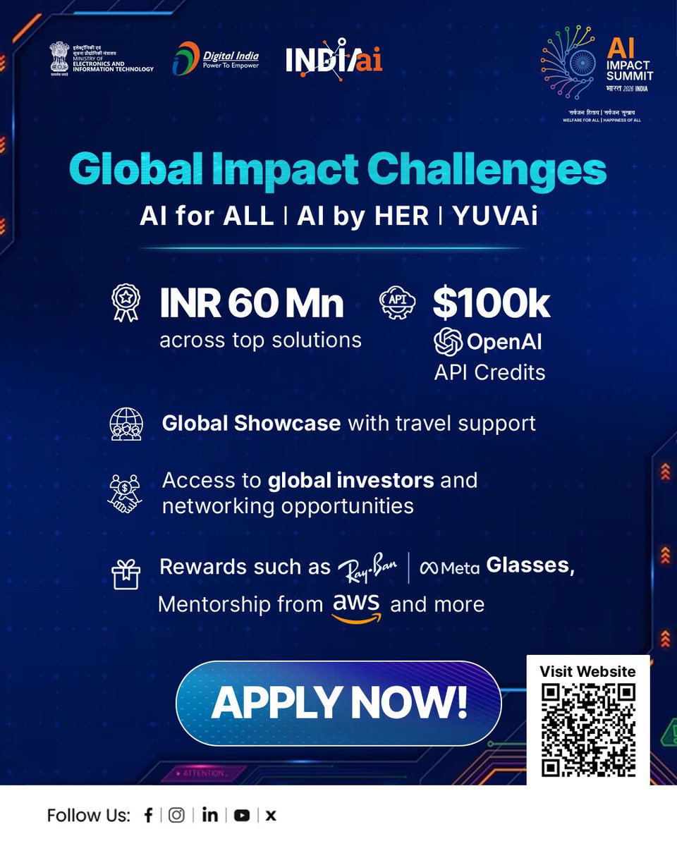 OfficialINDIAai's tweet image. Take your AI solution to the global stage.

Open to students, researchers, professionals, startups, and growing companies—participate through the Global Impact Challenges: AI for ALL, AI by HER, and YUVAi at the India–AI Impact Summit 2026.

🌟Win up to INR 60 Mn in awards across…