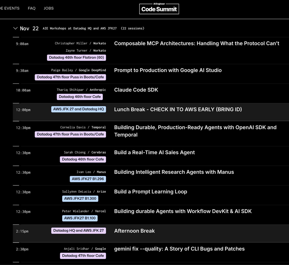 如果您要参加 @Workato MCP 研讨会、@DynamicWebPaige Gemini 研讨会或 @trq212 的 Claude Code SDK 研讨会，那么一个小时后我们在 Datadog 总部见。

请注意，下午的研讨会也会