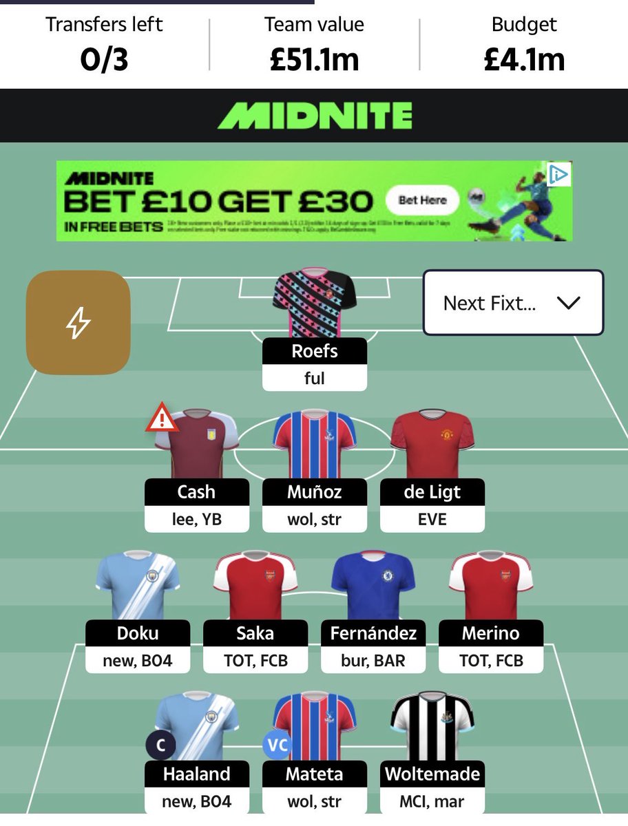 FM_6546's tweet photo. #SDT GW12

Gabriel -> Cash
Thiaw -> De Light 🥴
Pino -> Doku

Awkward moves on paper. Plan coming in was setup for GW13 in case of goal boost but price changes in planned moves for 13 held me off.

Thiaw out for a single weeker isn’t great but wanted for next week. Big Wolt stays https://t.co/JN4SwxvLtc