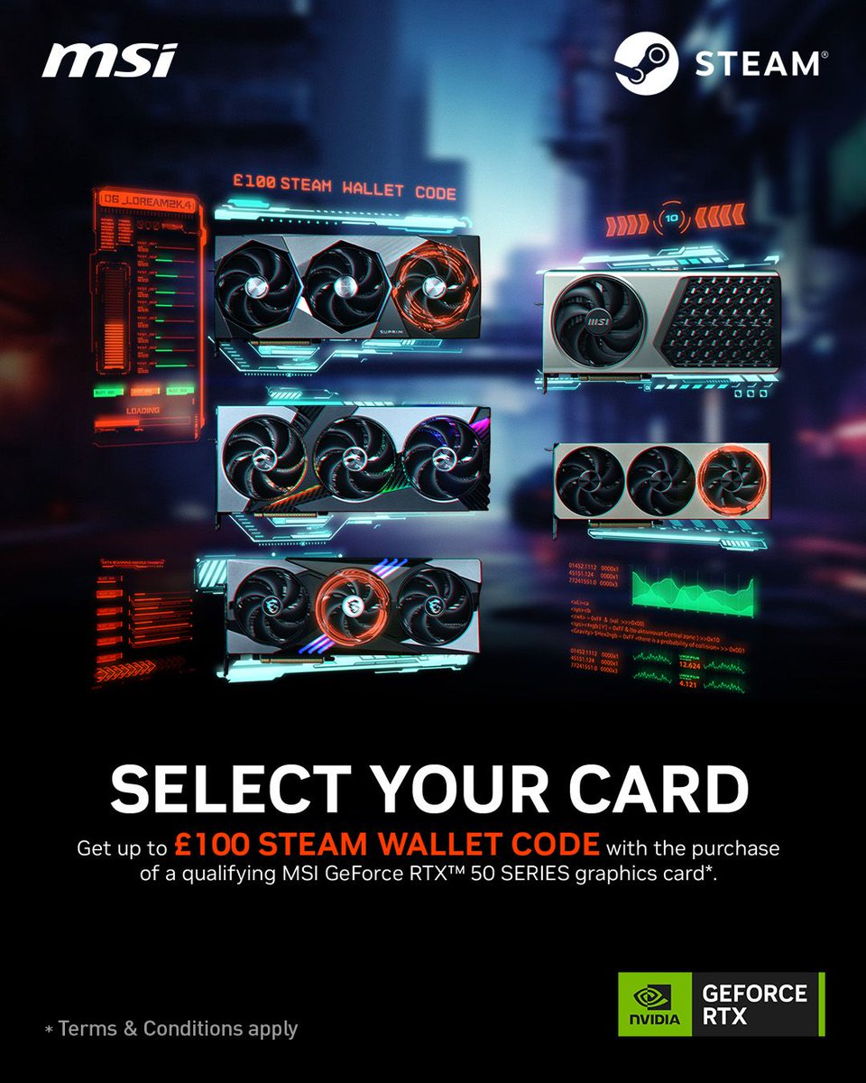 💥 Pick your power. Claim your loot.

Grab an MSI GeForce RTX 50 Series graphics card from AWD-IT and get up to £100 in Steam codes.

✔ Valid purchases: 17/10/25 → 30/11/25
✔ Redeem codes: until 14/12/25
✔ Claim through MSI’s redemption portal with proof of purchase

Whether