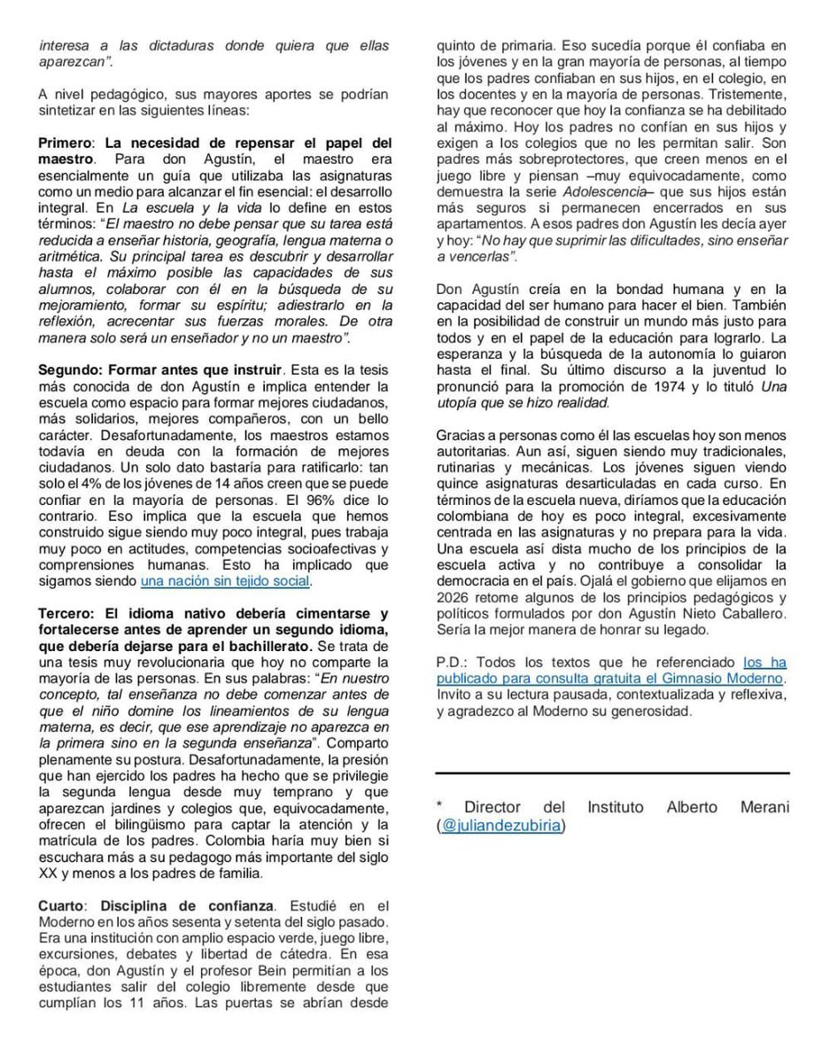 juliandezubiria's tweet image. Agustín Nieto Caballero fue el creador de la primera escuela activa en América Latina: el Gimnasio Moderno. Cincuenta años después de su muerte, ¿cuál es su legado en pedagogía y política? Comparto de manera libre la columna en la que analizo ese tema: