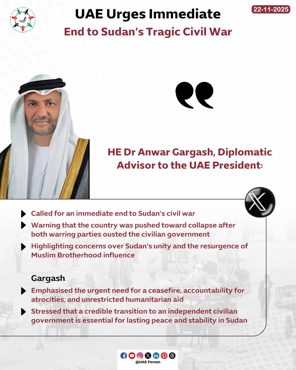 UAE Urges Immediate End to Sudan’s Tragic Civil War 
#UAE #Sudan 
#الإمارات_السودان 
#الإمارات_مع_السودان 
#الإمارات_رسالة_سلام 
<a href="/AnwarGargash/">د. أنور قرقاش</a>