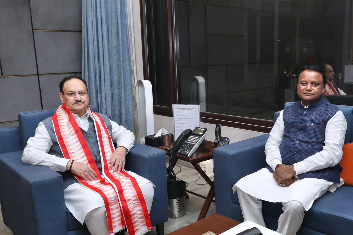 MohanMOdisha's tweet photo. ଆଜି ନୂଆଦିଲ୍ଲୀରେ ଆମ ଦଳର ମାନ୍ୟବର ରାଷ୍ଟ୍ରୀୟ ଅଧ୍ୟକ୍ଷ ତଥା କେନ୍ଦ୍ର ସ୍ୱାସ୍ଥ୍ୟ ଏବଂ ପରିବାର କଲ୍ୟାଣ ମନ୍ତ୍ରୀ ଶ୍ରୀ ଜଗତ ପ୍ରକାଶ ନଡ୍ଡା ଜୀଙ୍କୁ ସୌଜନ୍ୟମୂଳକ ସାକ୍ଷାତ କରିବାର ସୁଯୋଗ ମିଳିଲା । ଏହି ଅବସରରେ  ରାଜ୍ୟର ସ୍ୱାସ୍ଥ୍ୟ ଭିତ୍ତିଭୂମିର ଉନ୍ନତି ଓ ଭବିଷ୍ୟତର କାର୍ଯ୍ୟପନ୍ଥା ଉପରେ ବିସ୍ତୃତ ଭାବେ ଆଲୋଚନା କରାଗଲା । ମାନ୍ୟବର ନଡ୍ଡା ଜୀଙ୍କ ଦୂରଦୃଷ୍ଟିସମ୍ପନ୍ନ ମାର୍ଗଦର୍ଶନ ଆମକୁ ଅଧିକ ଉତ୍ସାହ ସହ କାର୍ଯ୍ୟ କରିବା ପାଇଁ ପ୍ରେରଣା ଯୋଗାଇବ ।

Today in New Delhi, I had the privilege of calling on our party’s Hon’ble National President and Union Minister of Health & Family Welfare, Shri @JPNadda Ji.
We discussed Odisha’s health infrastructure and the roadmap for future initiatives. His visionary guidance will continue to inspire us to serve with greater dedication and commitment.
