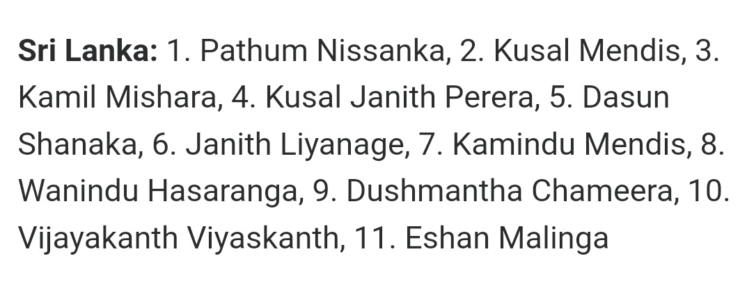 🇱🇰🇱🇰🇱🇰🇱🇰🇱🇰 

Sri Lanka's XI today. 

Lots of changes including a debut for Viyaskanth the first player from Jaffna to play a significant international match for Sri Lanka 

#PakVSL