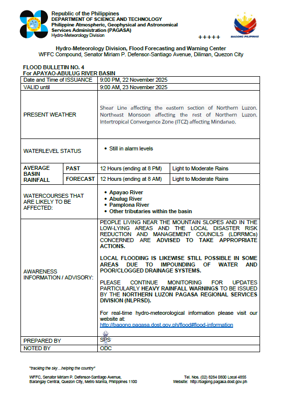 Flood Bulletin #4 Apayao-Abulog River Basin
Issued @ 9PM, 22 November 2025