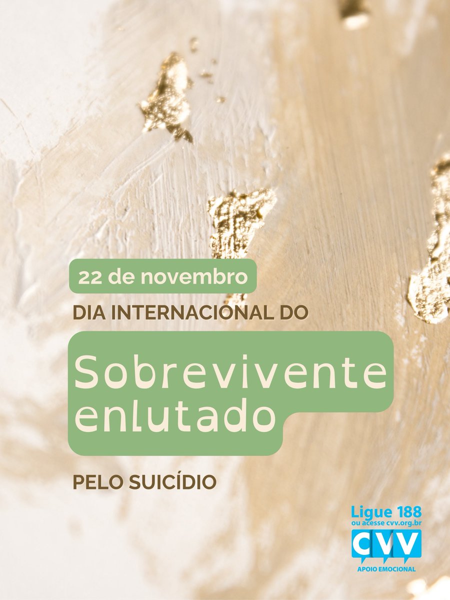 Hoje é o #DiaInternacionaldoSobreviventeEnlutadopeloSuicídio.
#Sobrevivente é quem ficou, quem perdeu alguém querido por suicídio e vive esse #luto .
É um dia de #conexão, escuta e apoio. Se você quiser conversar, conte conosco! 

📞 188
🌐 cvv.org.br 

#CVV