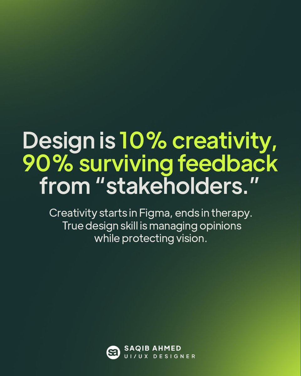 uiuxwithsaqib's tweet image. Design starts in Figma… and sometimes ends in therapy. But protecting your vision while handling feedback?

That’s the real designer superpower.

#designtips #uidesigner #uxdesigner #creativeprocess #saqibwebdesigner