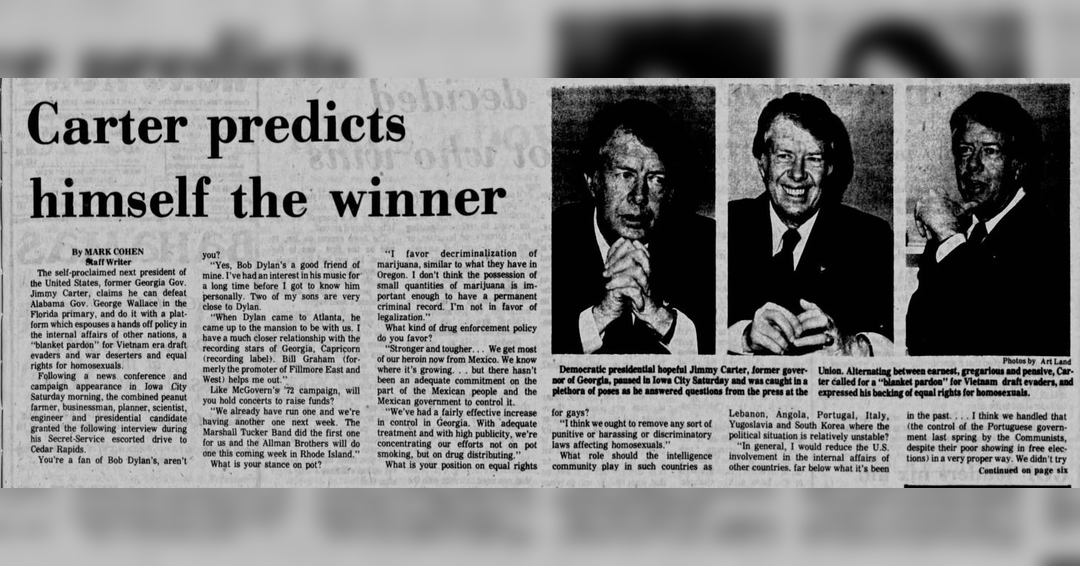 CarterLibrary's tweet image. 11/22/75: Jimmy Carter &amp;amp; his campaign staff meet w/ IA State students, hold a fundraiser at a Howard Johnson’s, &amp;amp; sit for an interview w/ writer Mark Cohen of the Daily Iowan. #Carter50

Img. 1: The Daily Iowan, 11/24/75

Img. 2: Records of the ‘76 Campaign Cmte, NAID 106783273