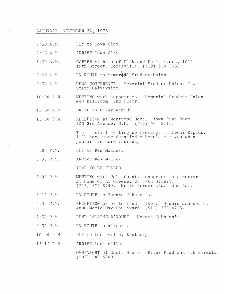 CarterLibrary's tweet image. 11/22/75: Jimmy Carter &amp;amp; his campaign staff meet w/ IA State students, hold a fundraiser at a Howard Johnson’s, &amp;amp; sit for an interview w/ writer Mark Cohen of the Daily Iowan. #Carter50

Img. 1: The Daily Iowan, 11/24/75

Img. 2: Records of the ‘76 Campaign Cmte, NAID 106783273
