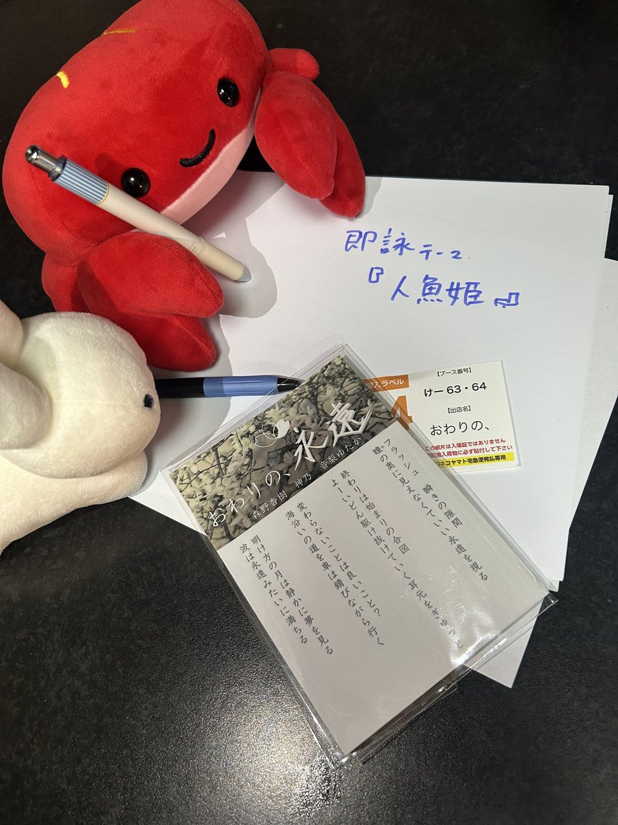 文フリ前日（ギリギリ）ですが、今から1時間神乃と森野で即詠企画を行います。
「人魚姫」をテーマに徐々に短歌を流していくので文フリ東京前日の夜のお供にぜひご覧ください💐
#文学フリマ東京41