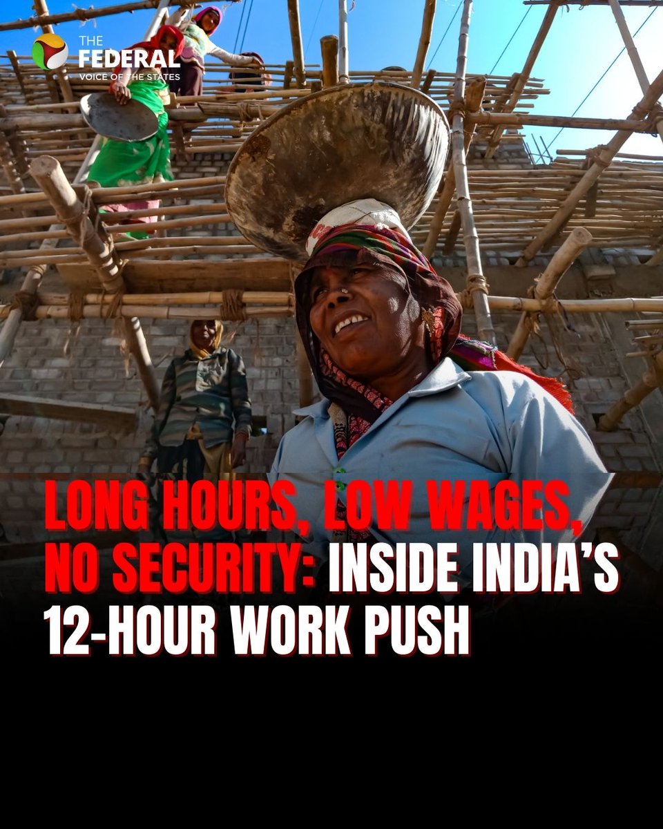 TheFederal_News's tweet image. India’s newly enforced labour codes allow 12-hour workdays, and with Narayana Murthy pushing for 72-hour weeks, here’s a look into the harsh reality for Indian workers. 

Read more: thefederal.com/category/busin… 

#LabourLaw #WorkHours #India #NarayanaMurthy #Workers