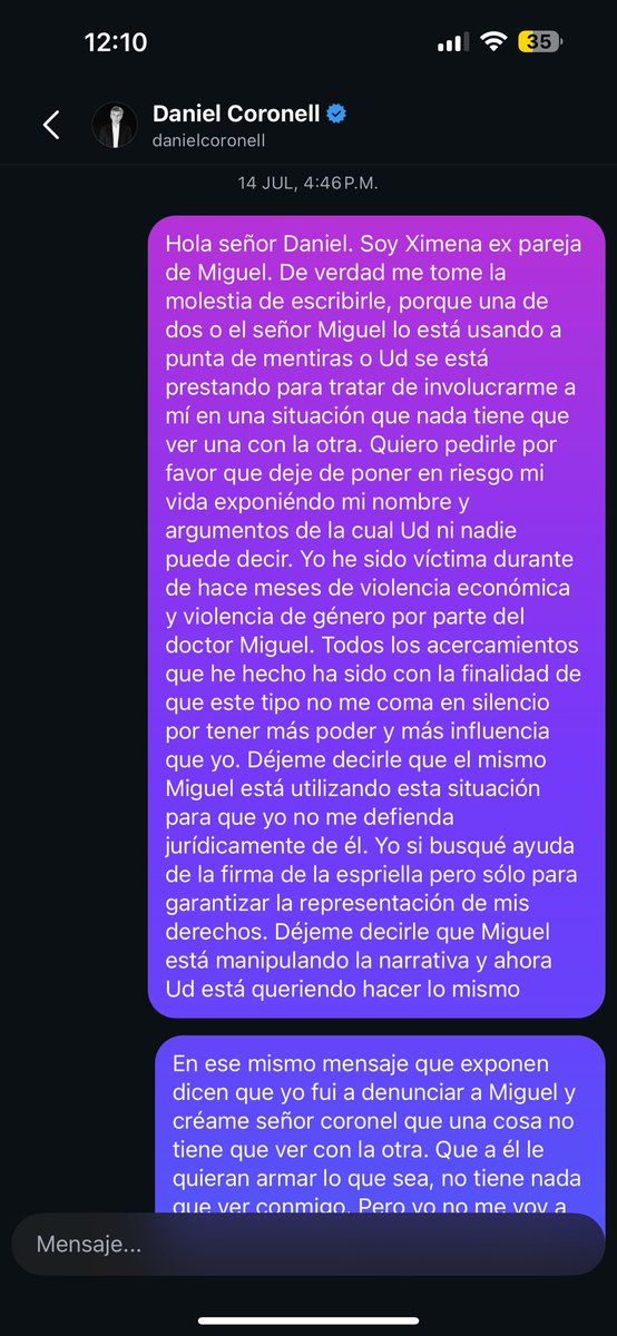 XimeBustamant's tweet image. 14 de julio de 2025. Ese día le escribí a @DCoronell para pedirle, casi suplicarle, que no se prestara para lo que estaban armando. Yo no denuncié esto en Semana primero, èl lo sabía y no le importó. Dicen que Semana tiene algo contra la gente, pero en mi caso han sido los únicos…