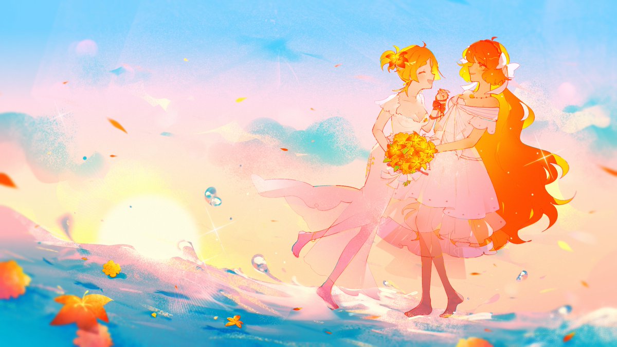Today is a SPECIAL DAY! Because 🩹Wei is getting married to ⛪️Ishmael (on Freckles Day, how cute)

Thank you <a href="/applepomuringo_/">pomu 🍎 comms closed</a> for the amazing illustration! 🧡💛🎊🌈

And thank you everyone for the neverending support, it means so much 🥹

Vive les mariées ! 💐