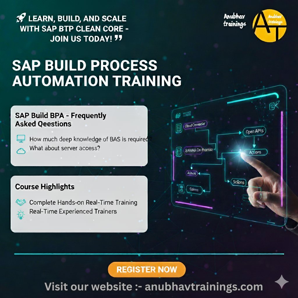 kajolja71716588's tweet image. Master SAP Build Process Automation! Complete practical training on SAP BTP Clean Core. Register Now and transform your career. 
🔗 anubhavtrainings.com | 
Email: contact@anubhavtrainings.com 
#SAPBuild #BPA #Training #AnubhavTrainings #SAP #elearningsoftwaredevelopment