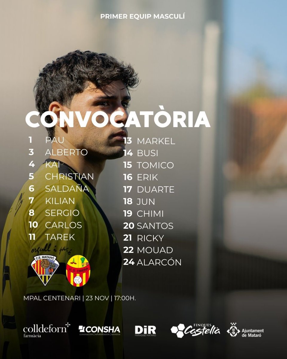 📋 | Convocatòria Primer Equip Masculí!

🔜 <a href="/ud_cirera/">UD Cirera</a> 

#CEMataro #ADN🟡⚫️