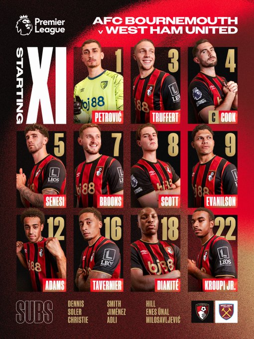 Team news: Petrović, Truffert, Cook (C), Senesi, Brooks, Scott, Evanilson, Adams, Tavernier, Diakité, Kroupi JR.